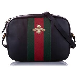 Gucci Black Leather Crossbody with Green and Red Web Stripe and Gold Bee